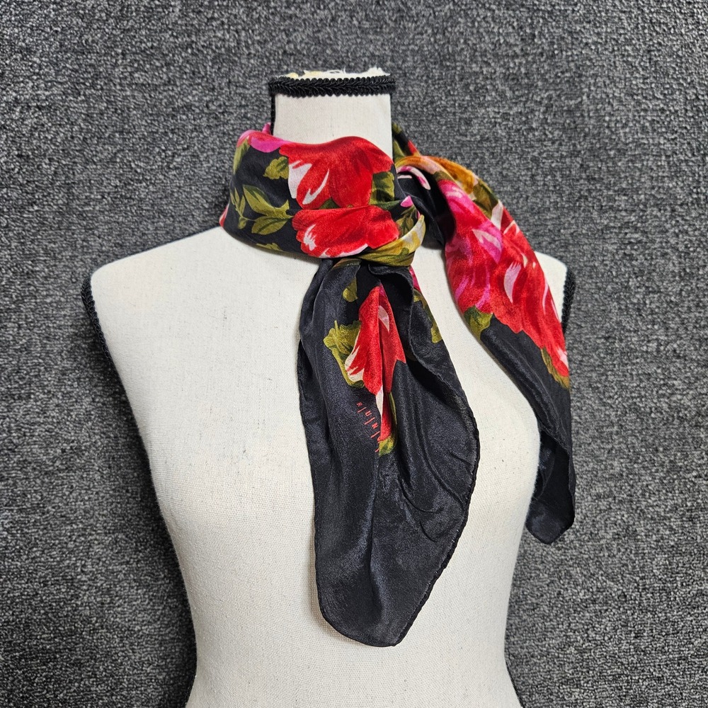 Runway Black Floral Rose Print Square Satin Neck Scarf Red Pink Yellow 28x28